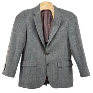 Vintage Harris‎ Tweed Sport Coat Blazer Herringbone Wool Elbow Patches Mens 42L